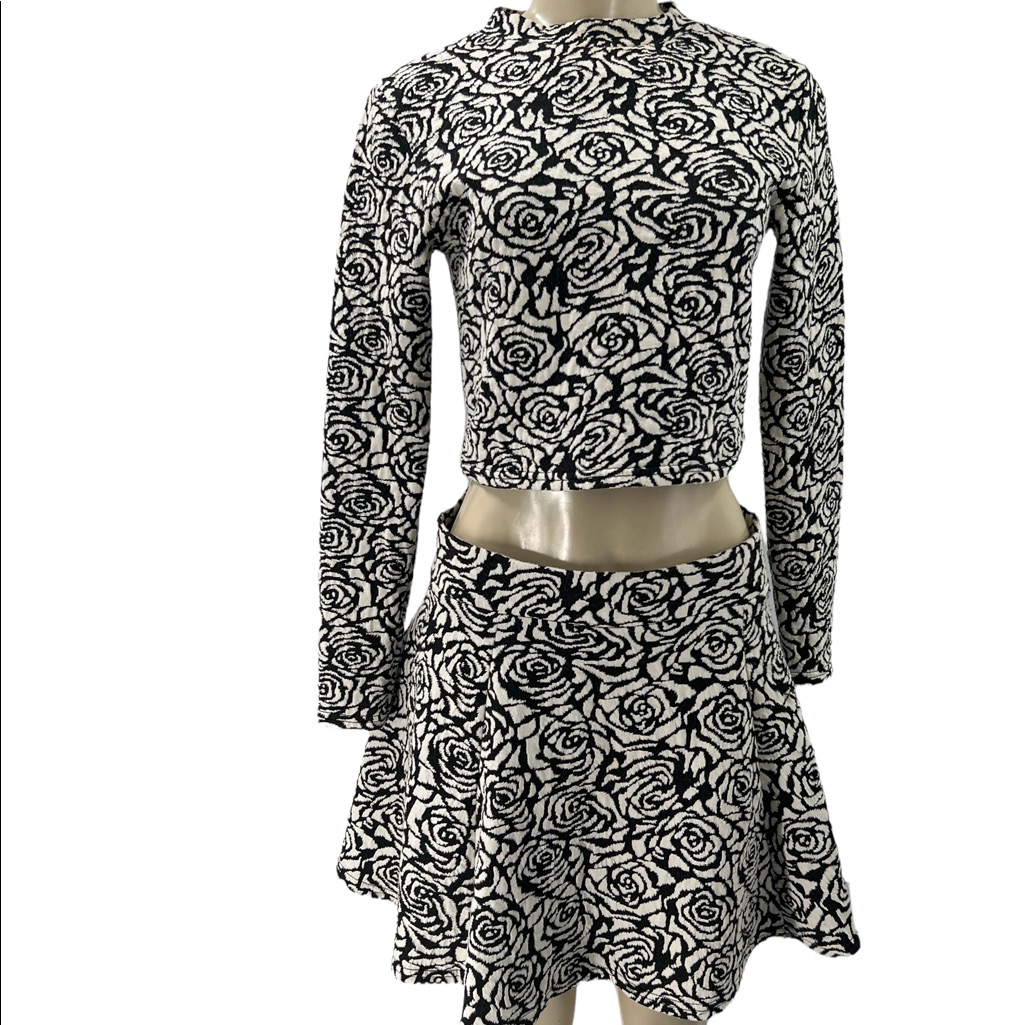 Woman's Long Sleeve Rose Print Skater Skirt Set ( M )